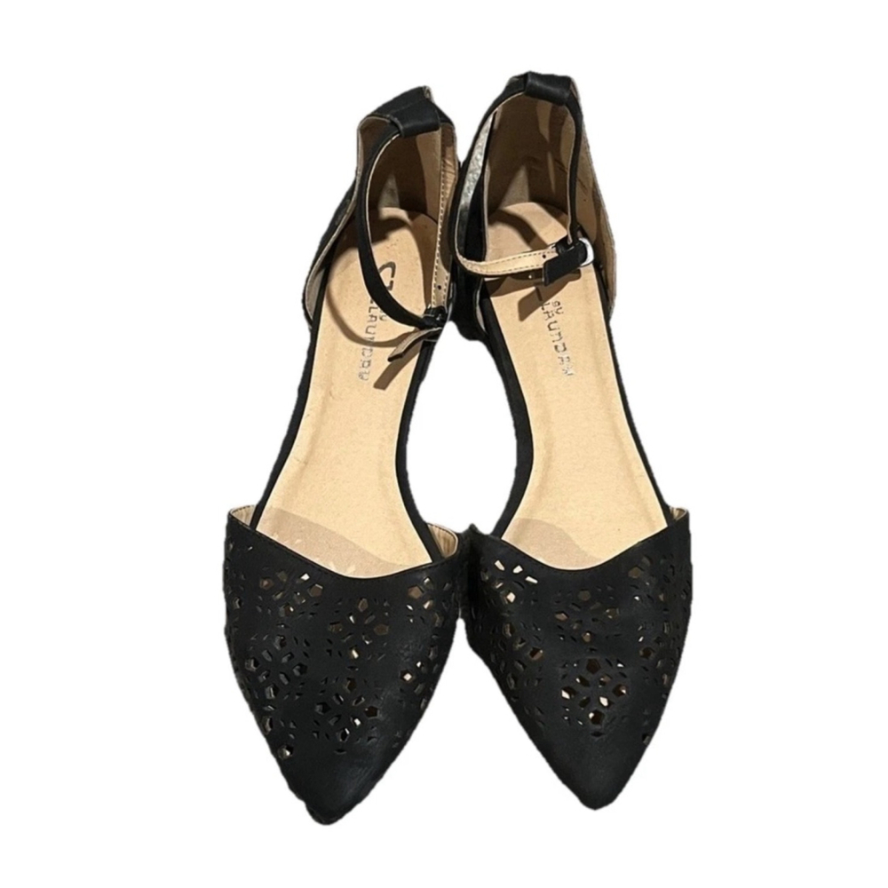 CL by Laundry Black Laser Cutout Flats w/Ankle Strap Sandal Shoe Comfy 10 NWOB!